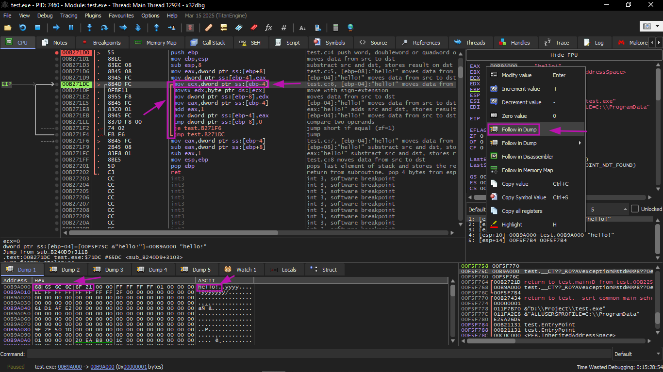 x32dbg dump showing 'hello!' string with NULL terminator
